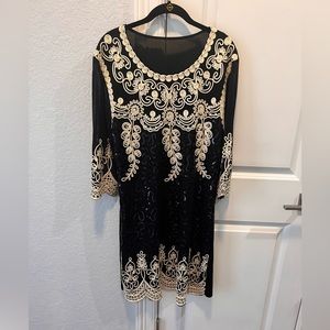 Dress,Made in Mexico. Sz L. Black sequins, gold thread embellishment